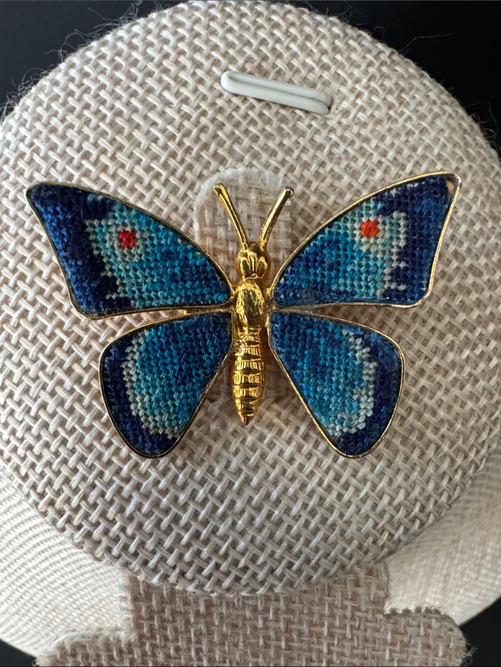VTG Petit Point Blue Butterfly Brooch Pin - Unsigned Mid-Century Art